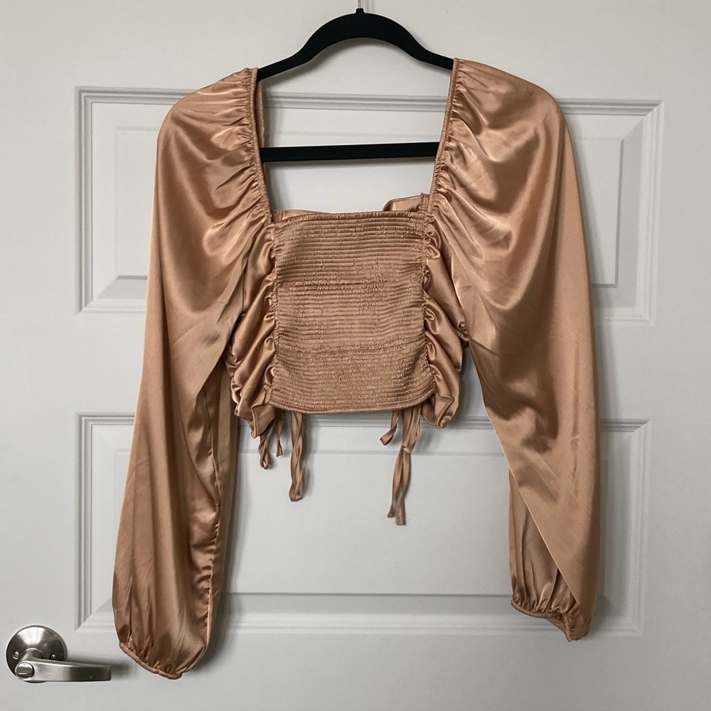 Drawstring Ruched Front Shirred Back Satin Top - Picture 7 of 9